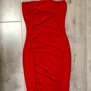 PrettyLittleThing red strapless shape dress